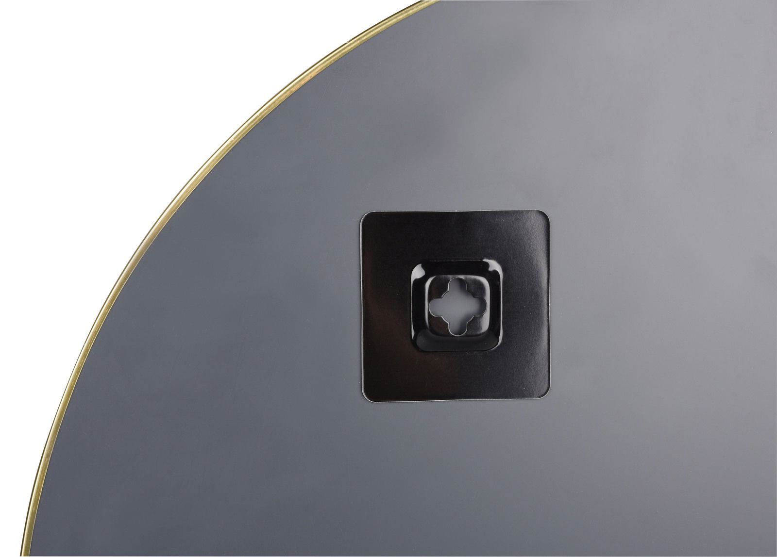 Rückansicht eines runden Spiegels mit goldfarbenem Rand und Wandhalterung.