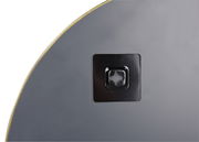 Rückansicht eines runden Spiegels mit goldfarbenem Rand und Wandhalterung.