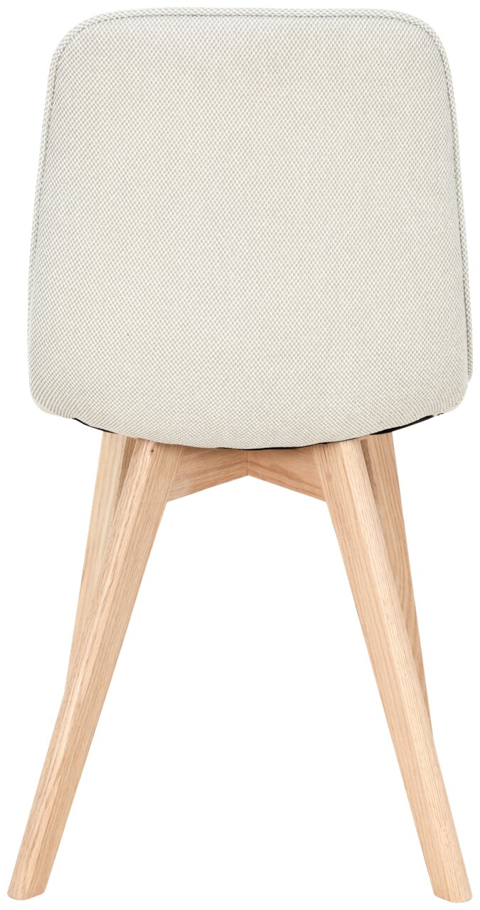 Rückansicht eines modernen Stuhls mit hellem Stoffbezug und Holzbeinen