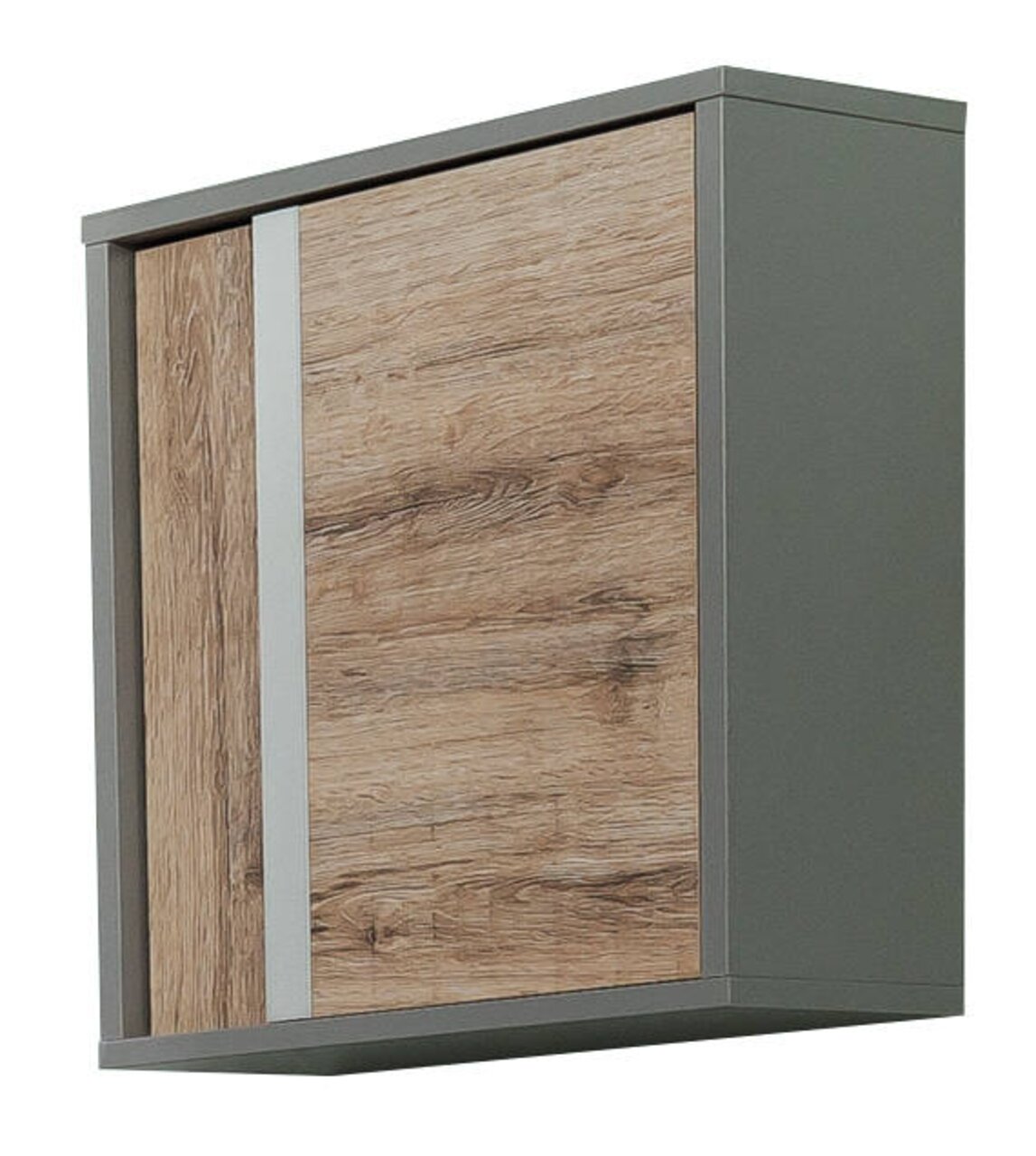 Moderner Oberschrank mit Holzoptik und grauen Seiten, seitliche Perspektive