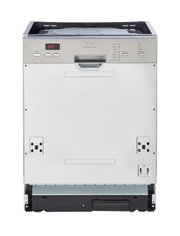 Vorderansicht eines eingebauten Geschirrspülers mit Edelstahlblende und digitalem Display.