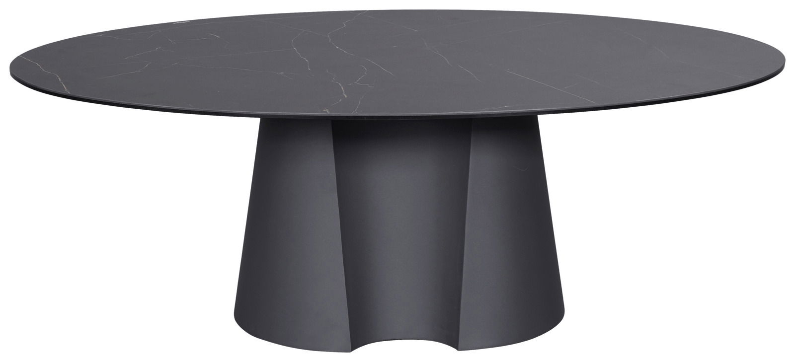 Runder Couchtisch mit schwarzer, glatter Oberfläche und konischem Sockel, seitliche Perspektive