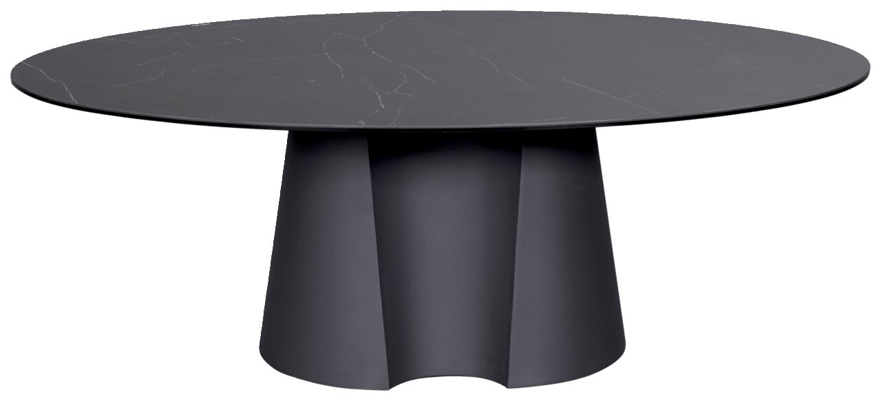 Ronde salontafel met een zwart, glad oppervlak en een conische voet, gezien vanaf de zijkant