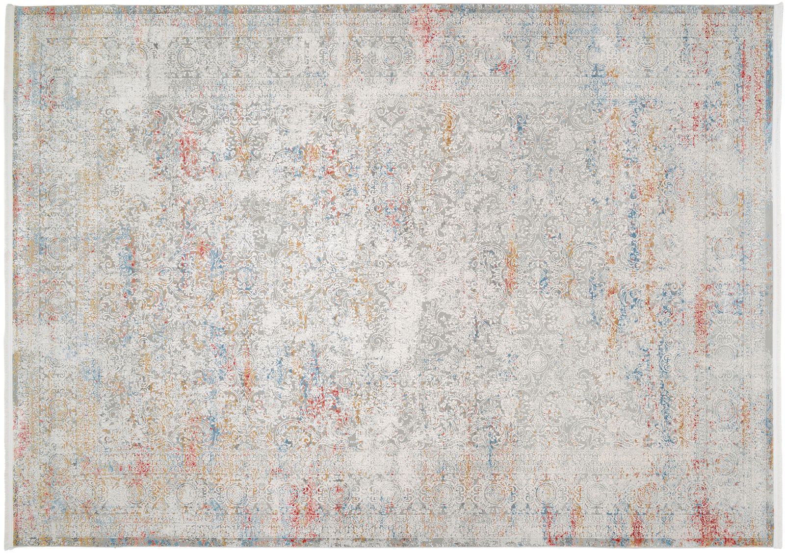 Designer Teppich mit abstraktem Muster in Grau, Rot, Blau und Gelb, Draufsicht