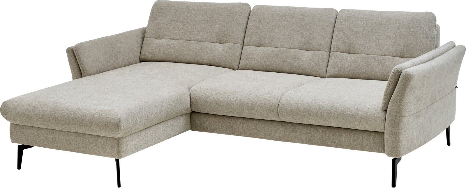 Musterring Longchair-combinatie MR 1370 Lichtgrijze stoffen hoekbank met chaise longue links, hoge rugkussens en zwarte metalen poten, weergegeven in schuin vooraanzicht.
