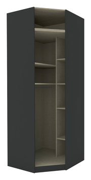 Eckschrank Korpus 242 in dunkler Farbe, offene Vorderansicht mit mehreren Regalböden und Kleiderstange, perspektivische Ansicht von vorne