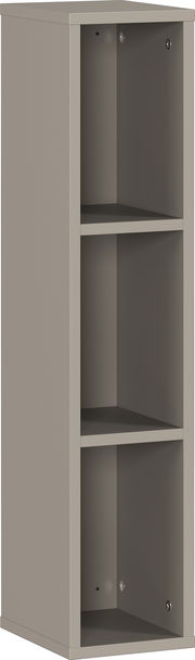 Graues Unterstell-Wandregal mit drei offenen Fächern, seitliche Perspektive