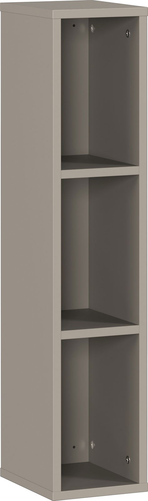 Graues Unterstell-Wandregal mit drei offenen Fächern, seitliche Perspektive
