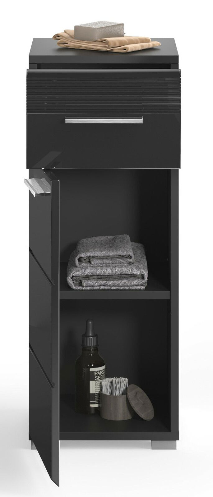 Schwarzer Standschrank LINUS mit geöffneter Tür, zwei Fächern, Handtüchern und Pflegeprodukten, Frontalansicht.