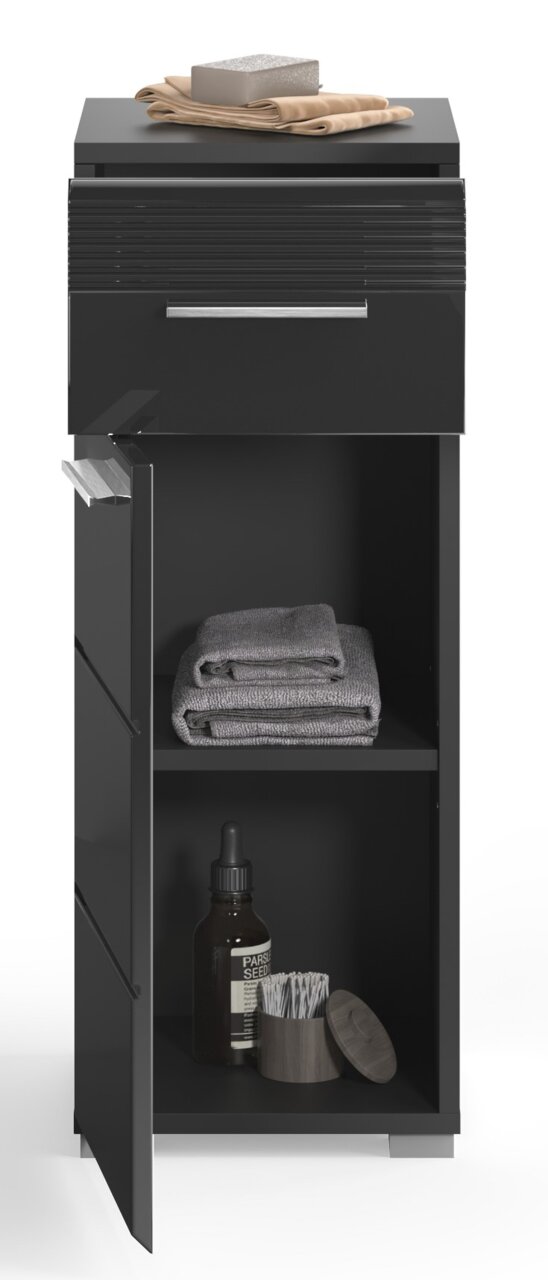 Schwarzer Standschrank LINUS mit geöffneter Tür, zwei Fächern, Handtüchern und Pflegeprodukten, Frontalansicht.