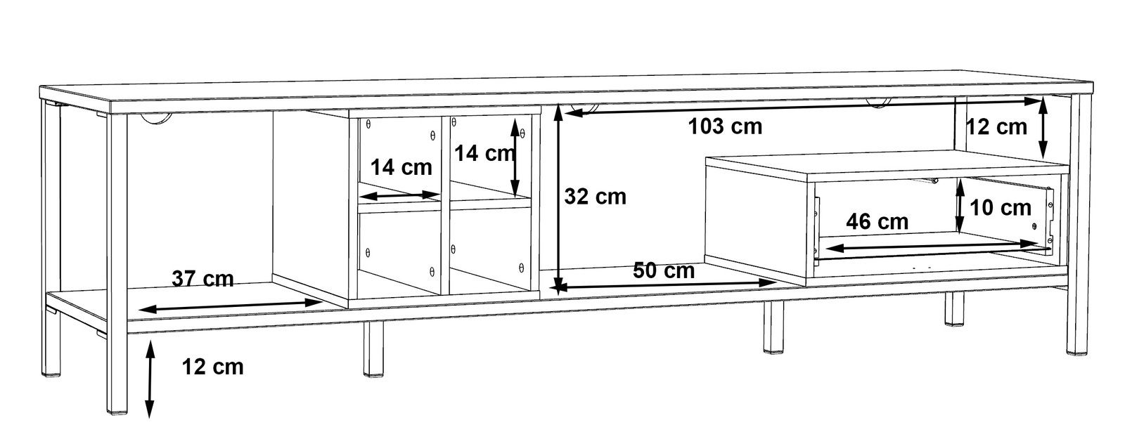 TV-Lowboard mit mehreren Fächern und Regalen, seitliche Perspektive