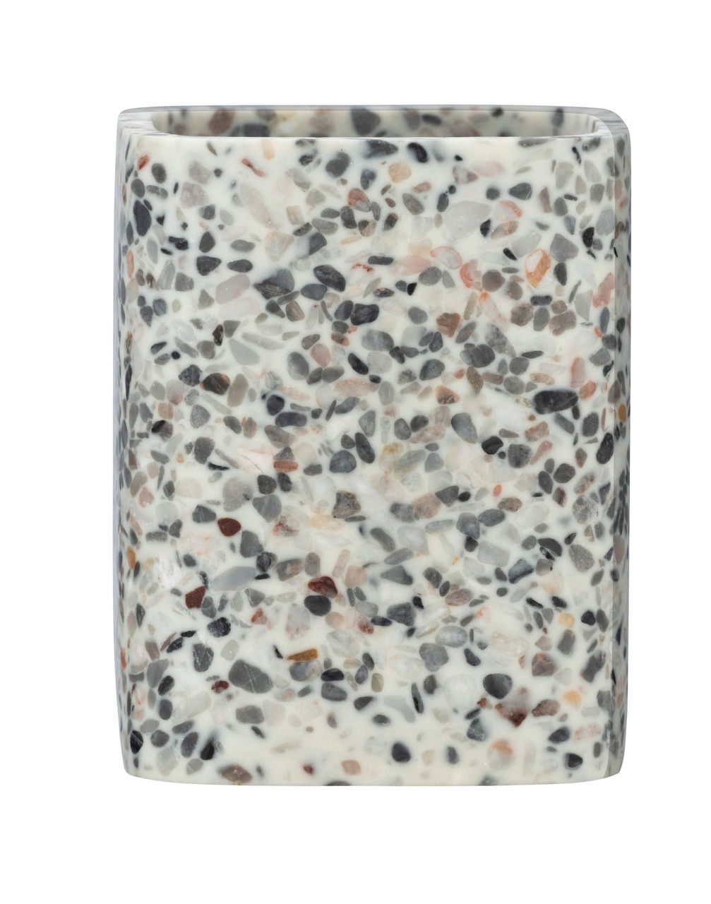 Nahaufnahme eines Zahnputzbechers aus Terrazzo mit buntem Steindesign, frontal betrachtet.