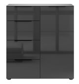 Moderne, schwarze Hochglanz-Kommode mit vier Schubladen und einer Tür, Frontalansicht.