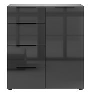 Moderne, schwarze Hochglanz-Kommode mit vier Schubladen und einer Tür, Frontalansicht.