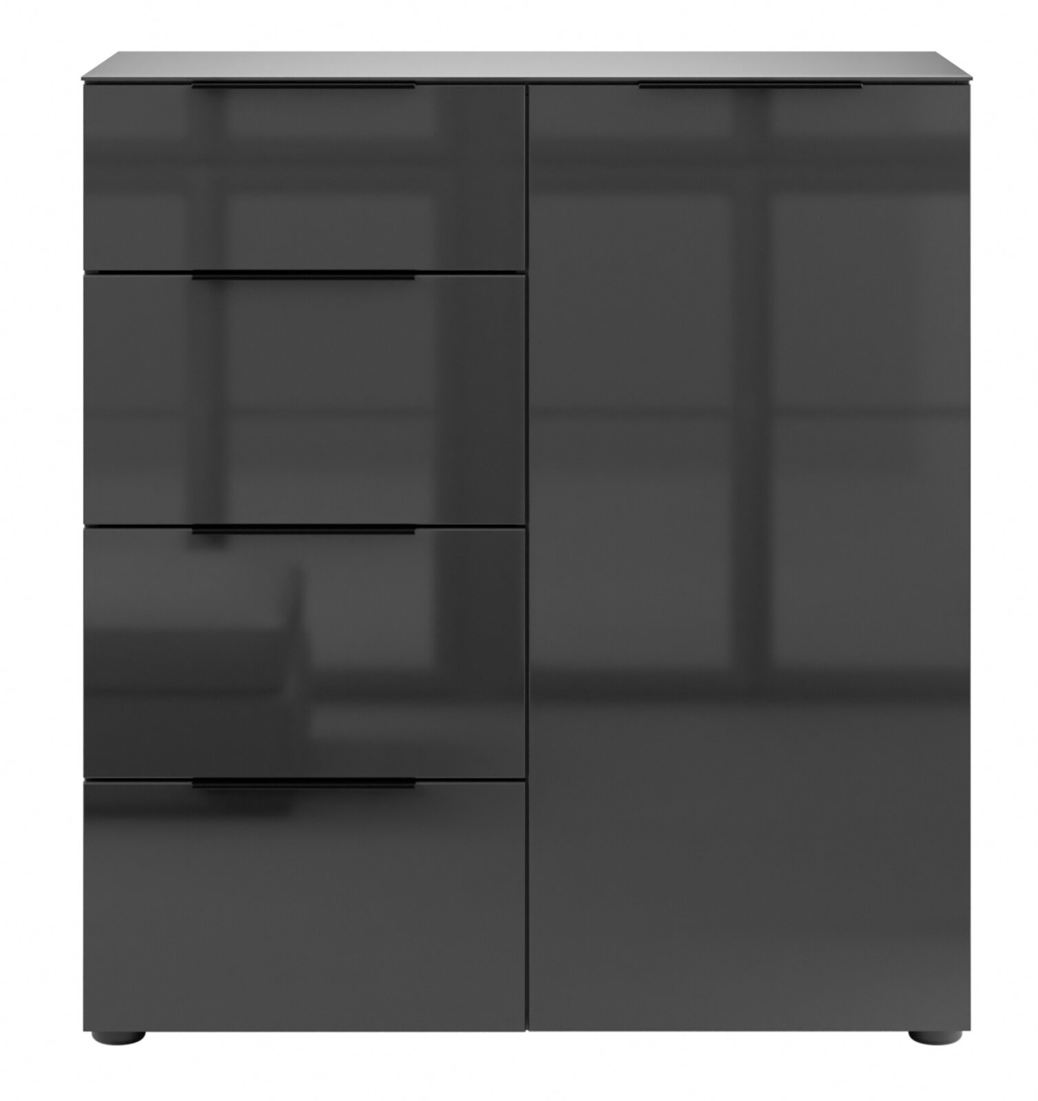 Moderne, schwarze Hochglanz-Kommode mit vier Schubladen und einer Tür, Frontalansicht.