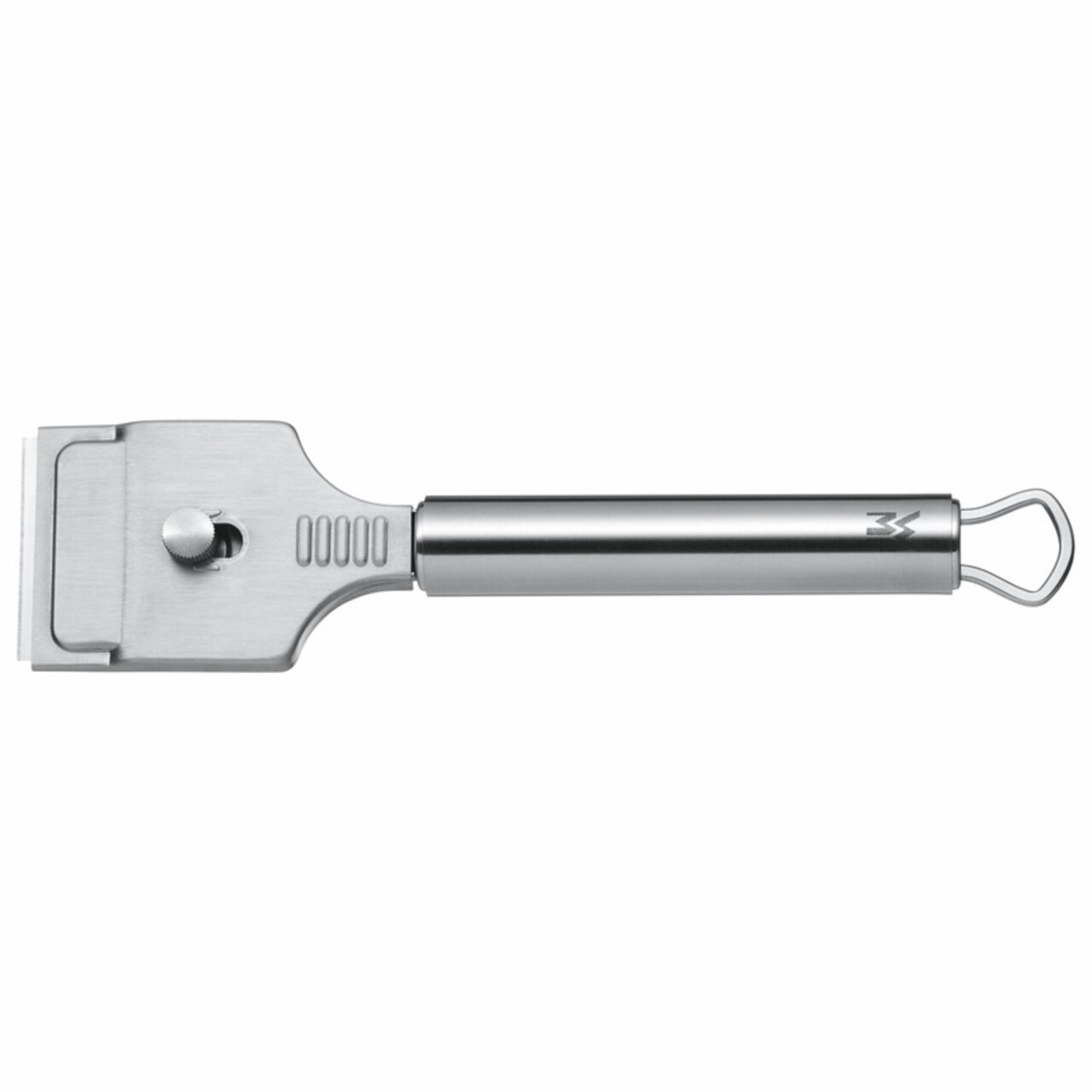 WMF Schraper voor keramische kookplaten Ceranfeldschaber aus Edelstahl, seitliche Ansicht mit ergonomischem Griff und austauschbarer Klinge.