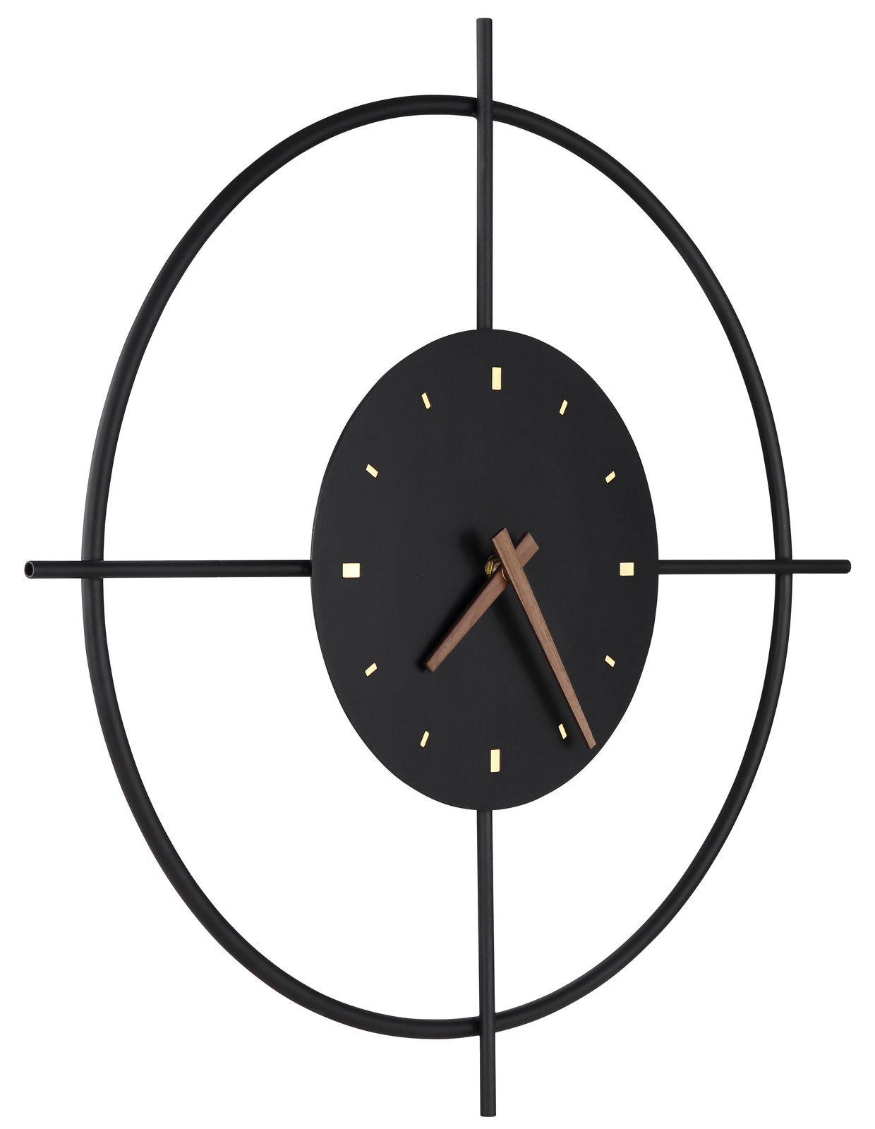 Moderne Wanduhr mit schwarzem Zifferblatt und minimalistischen goldenen Markierungen, umgeben von einem großen schwarzen Metallrahmen. Vorderansicht.