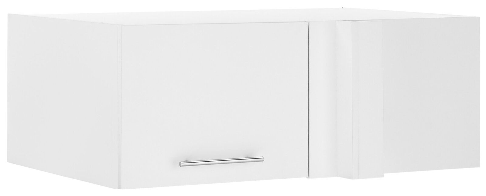 Witte hoekkast met één deur en een zilveren handgreep, zijaanzicht