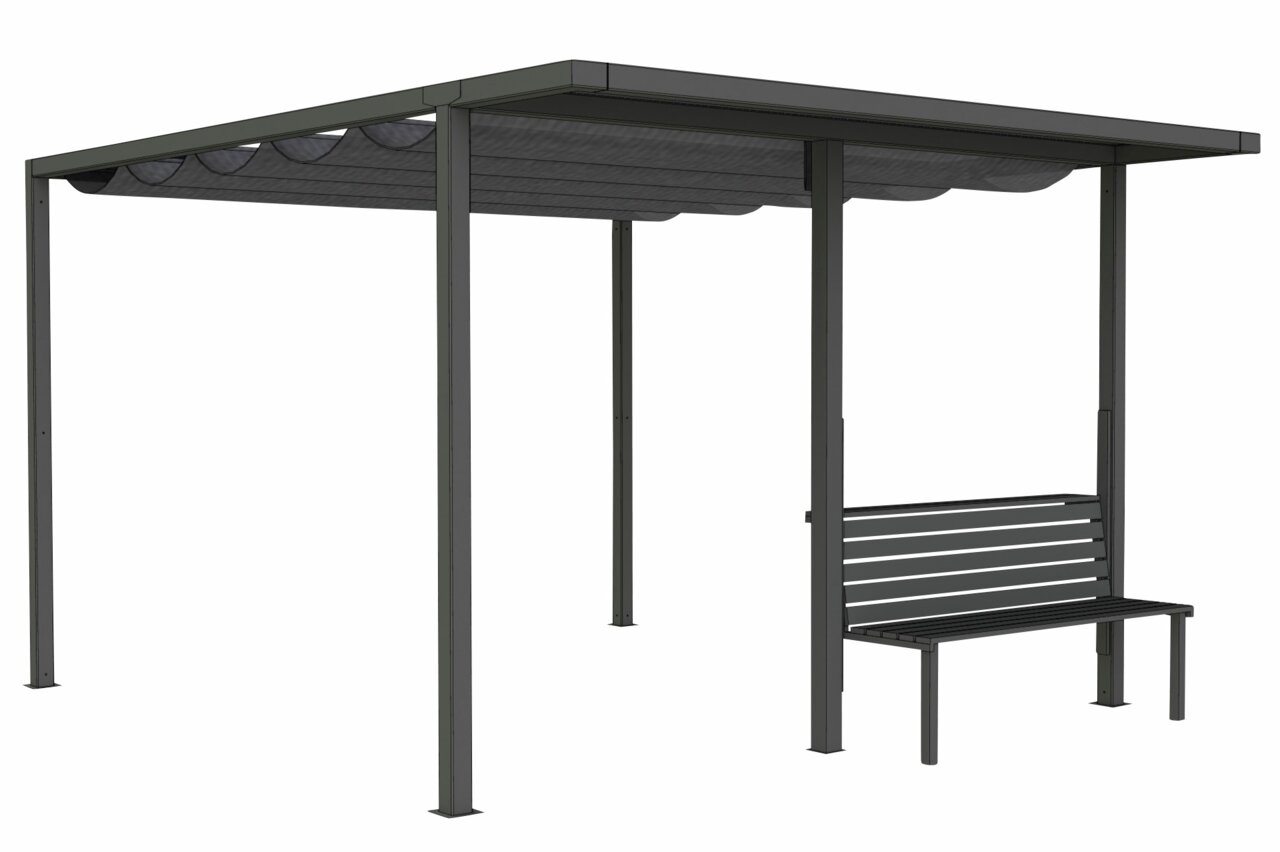 Moderne Gartenbank mit Überdachung aus Metall, seitliche Perspektive