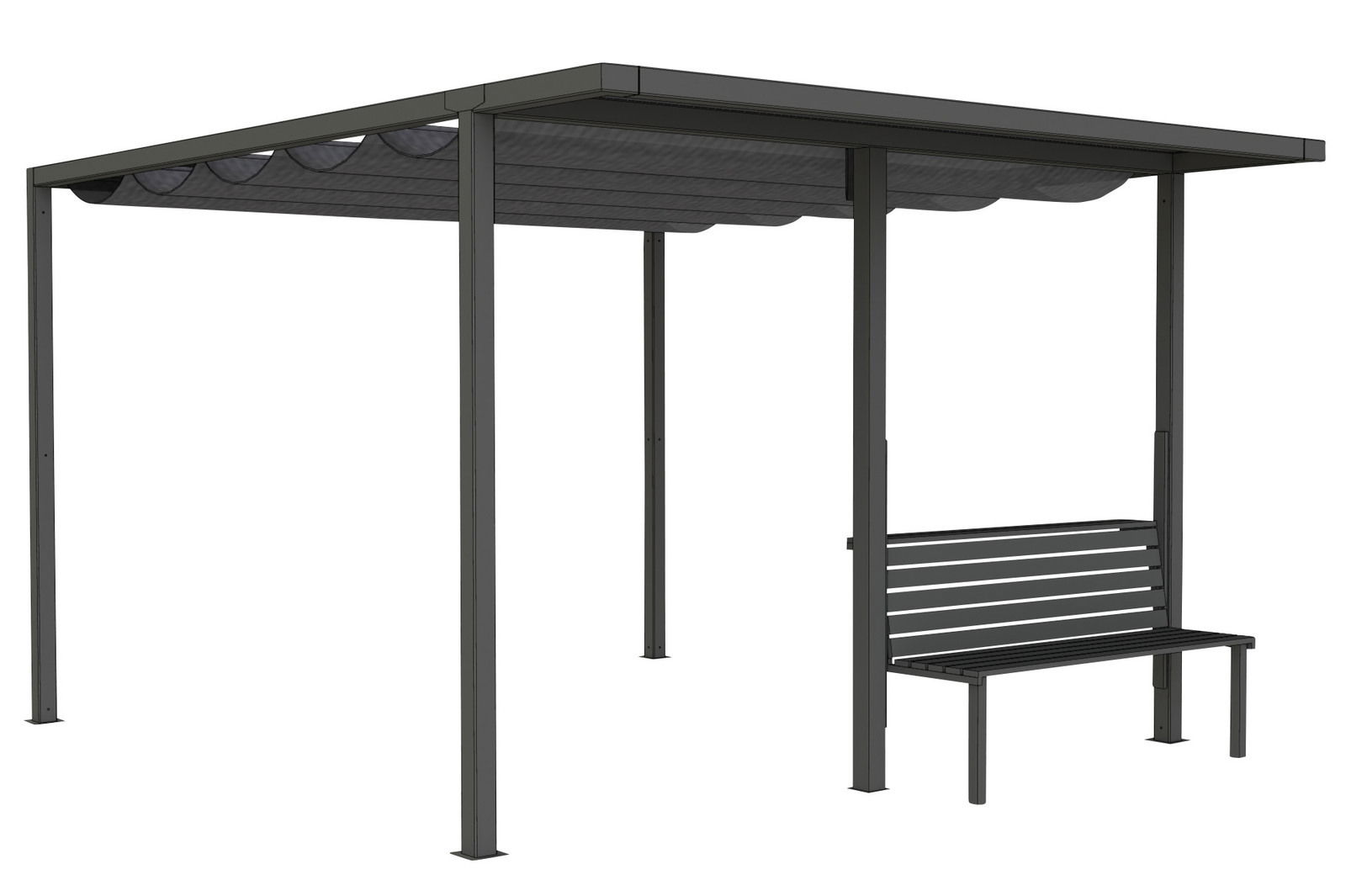 Moderne Gartenbank mit Überdachung aus Metall, seitliche Perspektive