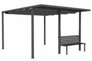 Moderne Gartenbank mit Überdachung aus Metall, seitliche Perspektive