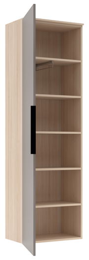 Offener Holzschrank mit mehreren Regalböden und einer Kleiderstange, seitliche Perspektive.