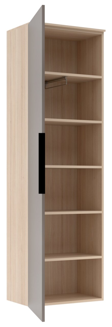 Offener Holzschrank mit mehreren Regalböden und einer Kleiderstange, seitliche Perspektive.