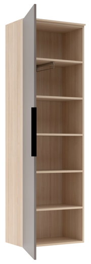Offener Holzschrank mit mehreren Regalböden und einer Kleiderstange, seitliche Perspektive.