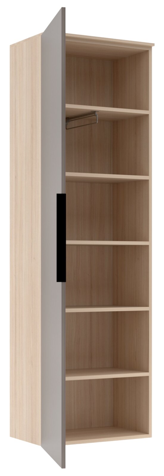 Offener Holzschrank mit mehreren Regalböden und einer Kleiderstange, seitliche Perspektive.