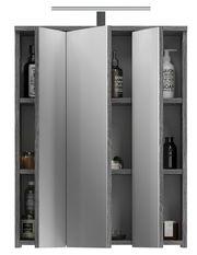 Spiegelschrank mit Beleuchtung, frontalansicht, mit offenen Türen und sichtbaren Regalen.