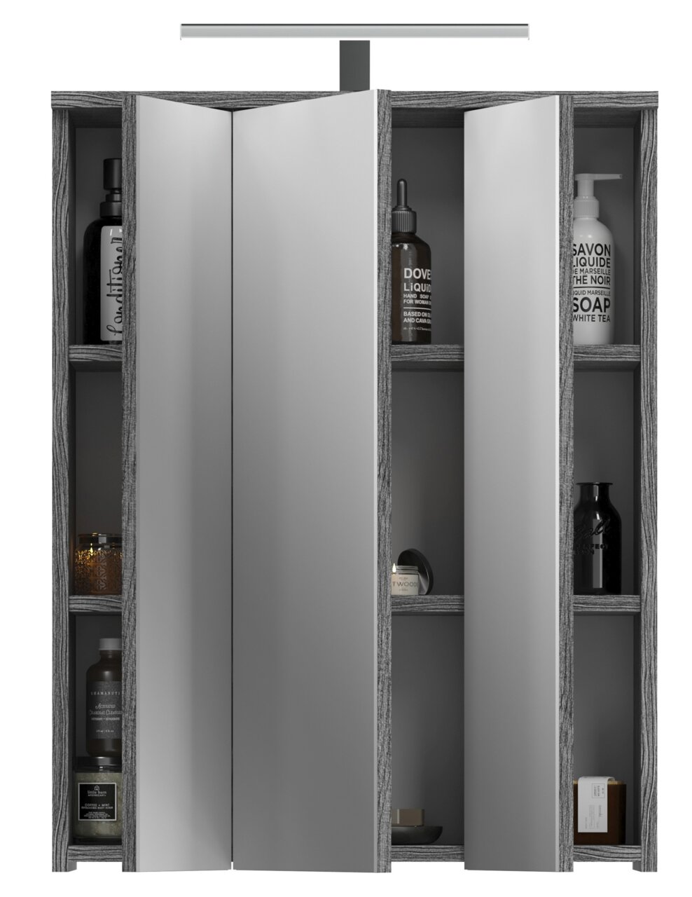 Spiegelschrank mit Beleuchtung, frontalansicht, mit offenen Türen und sichtbaren Regalen.