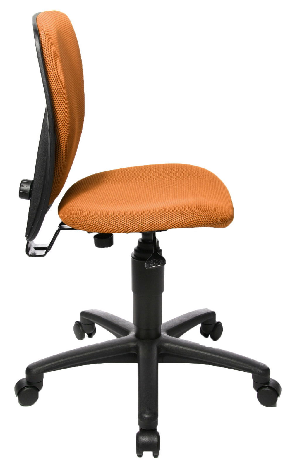 Seitenansicht eines orangefarbenen Kinder- und Jugendstuhls mit schwarzem Gestell und Rollen.