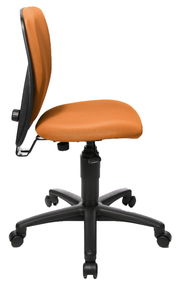 Seitenansicht eines orangefarbenen Kinder- und Jugendstuhls mit schwarzem Gestell und Rollen.