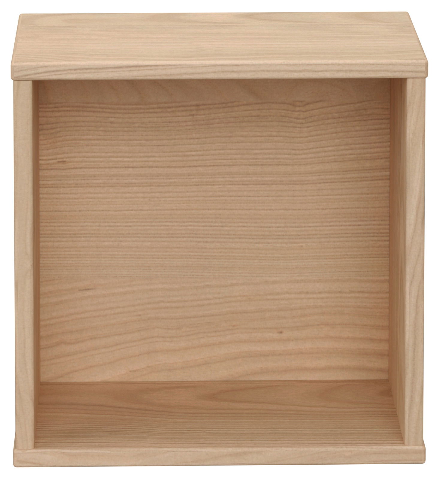 Quadratische Wandbox aus hellem Holz, frontal betrachtet