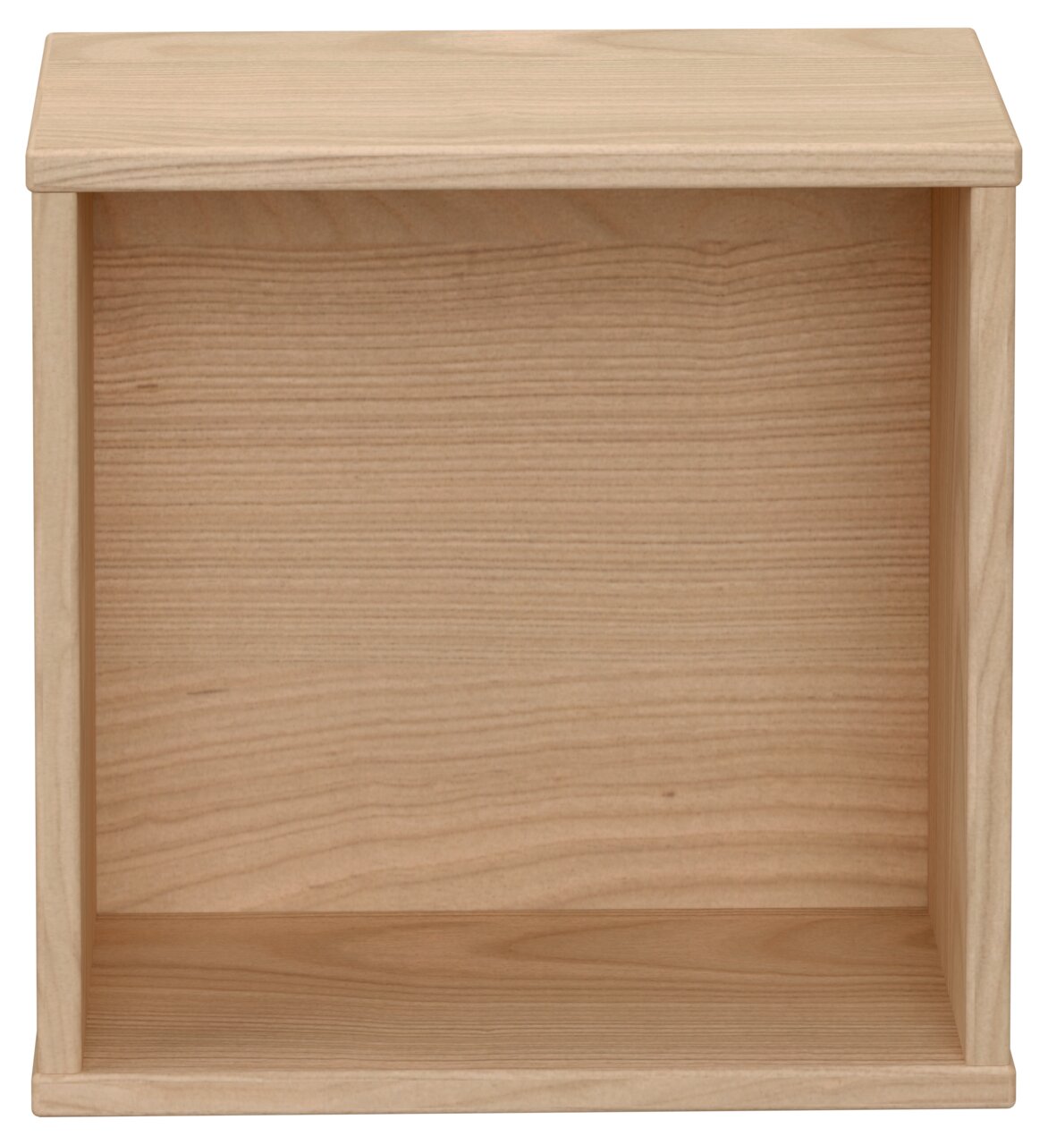 Vierkante wandkast van licht hout, gezien vanaf de voorkant