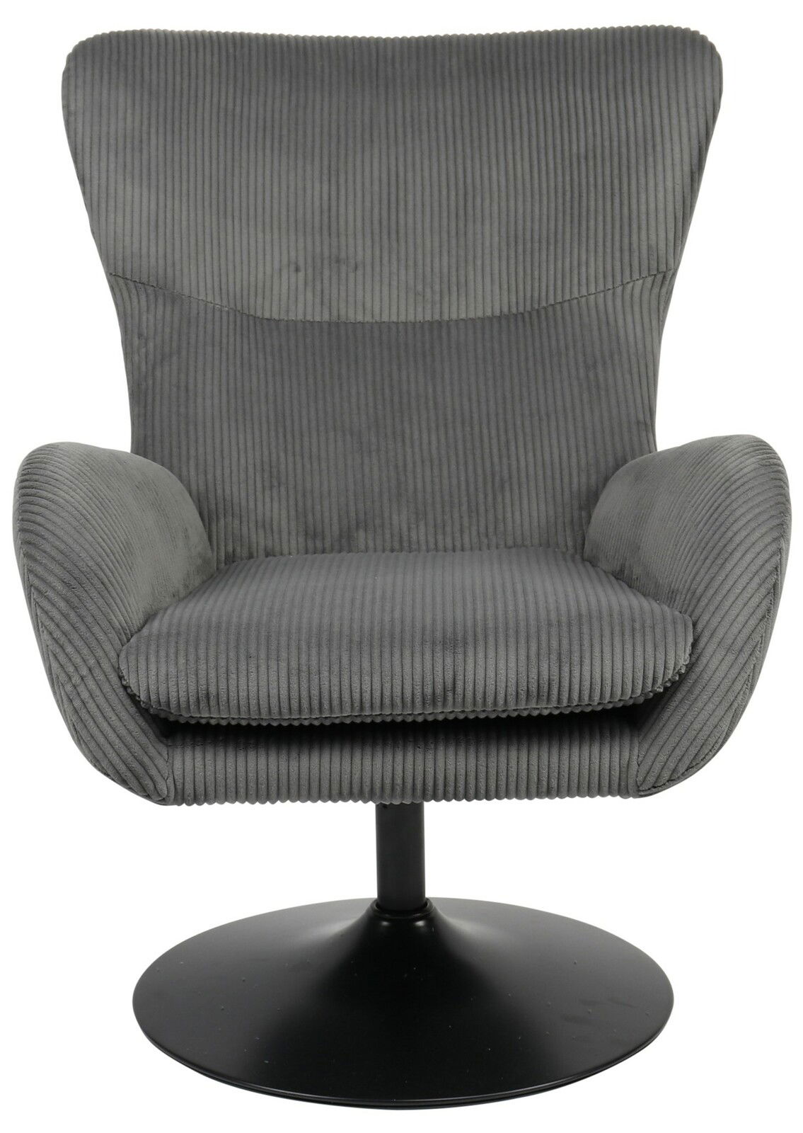 Grauer Sessel mit geripptem Stoffbezug und schwarzem Drehteller, Frontalansicht