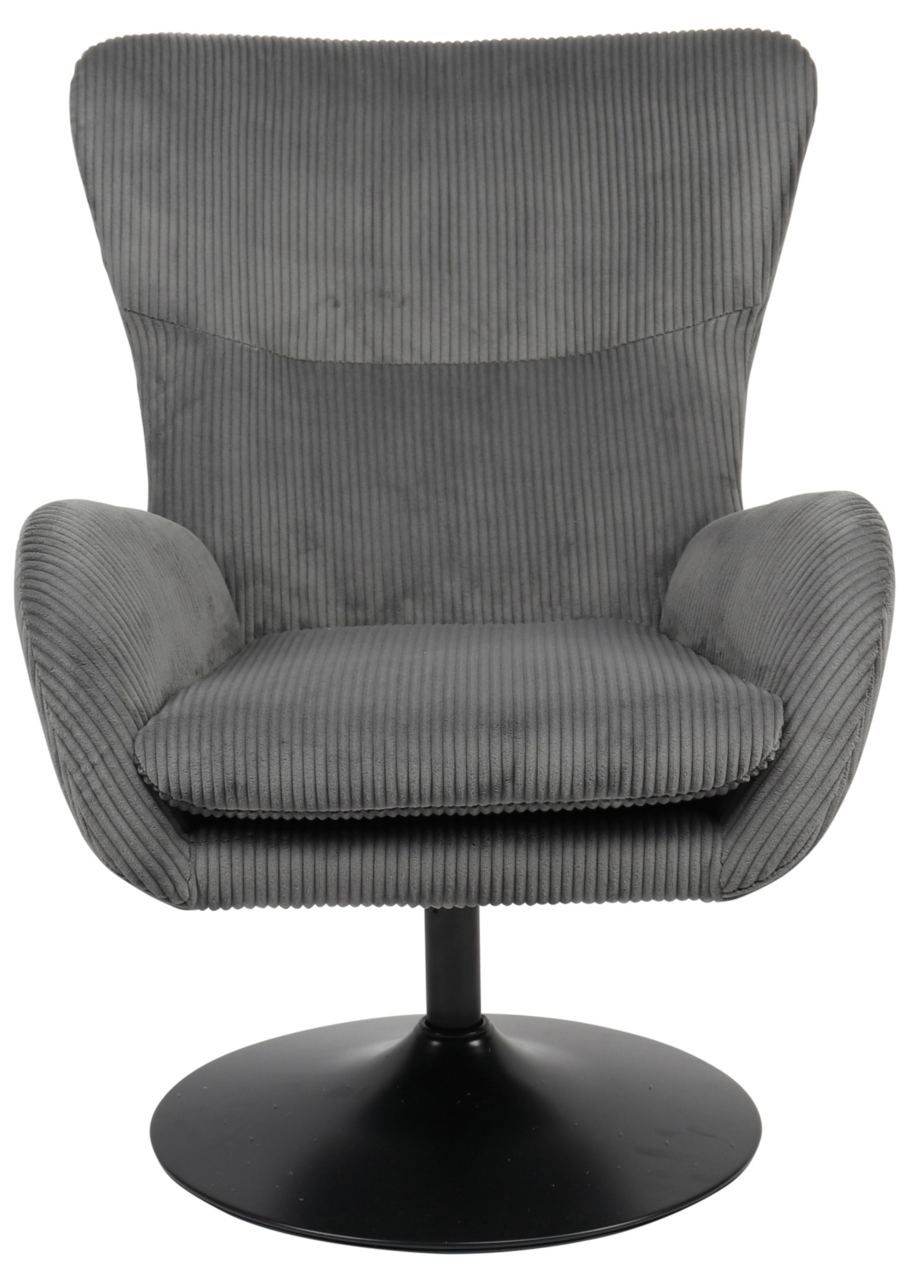 Grauer Sessel mit geripptem Stoffbezug und schwarzem Drehteller, Frontalansicht