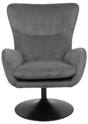 Grauer Sessel mit geripptem Stoffbezug und schwarzem Drehteller, Frontalansicht