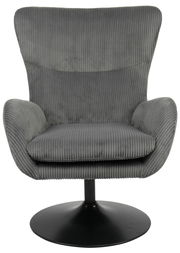 Grauer Sessel mit geripptem Stoffbezug und schwarzem Drehteller, Frontalansicht