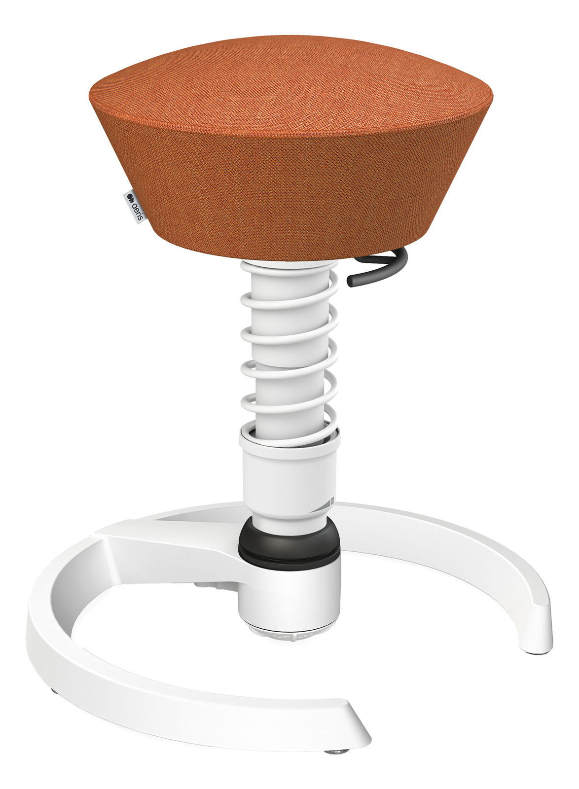 Moderner ergonomischer Hocker mit orangefarbenem Sitzpolster und weißem Federmechanismus, seitliche Perspektive