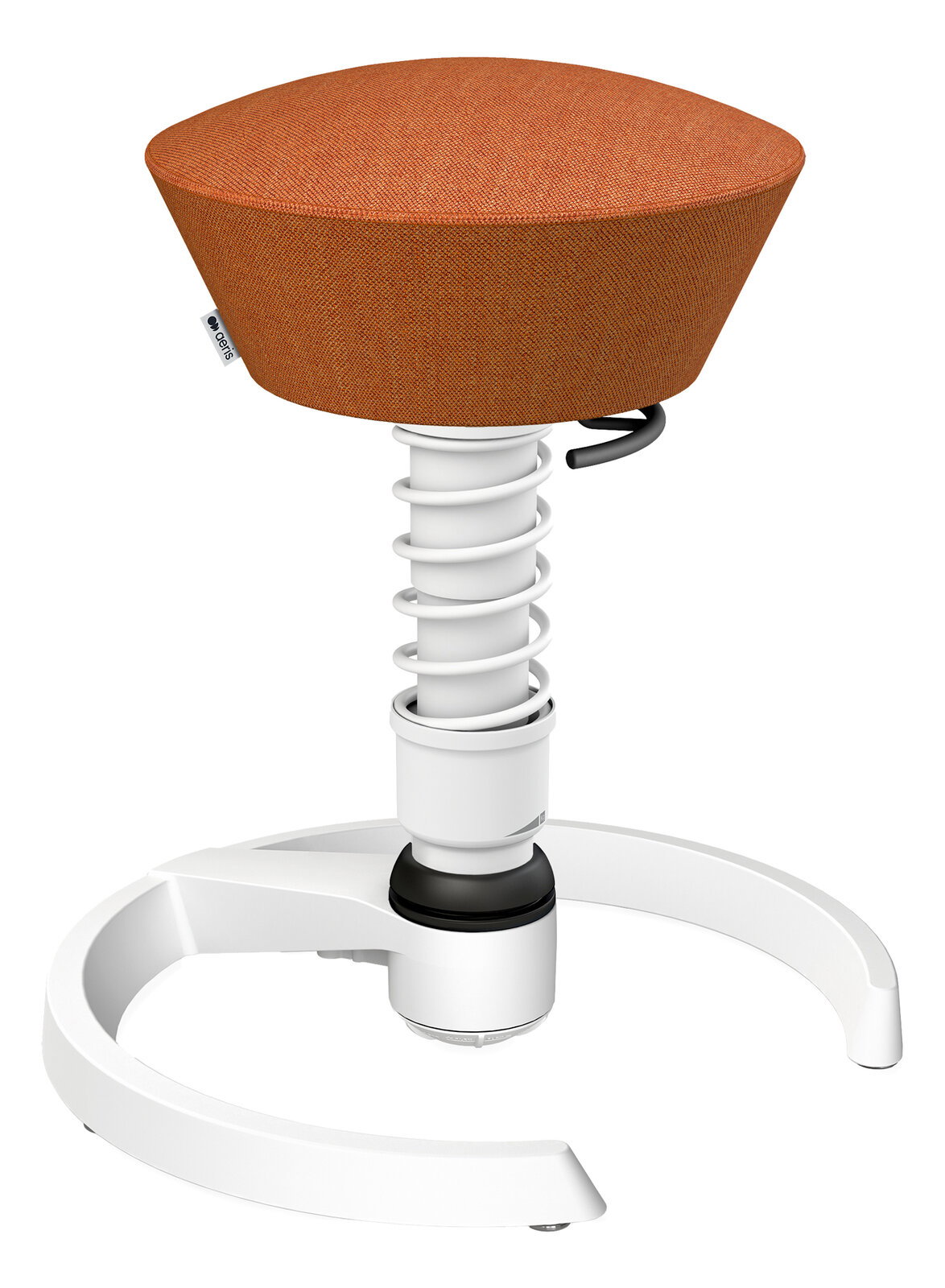 Moderner ergonomischer Hocker mit orangefarbenem Sitzpolster und weißem Federmechanismus, seitliche Perspektive