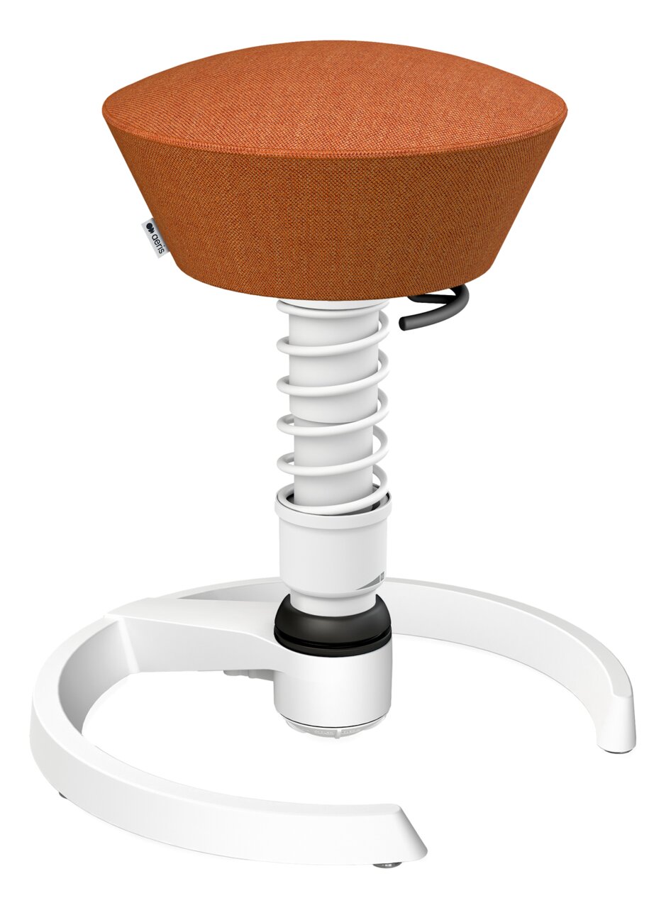 Moderner ergonomischer Hocker mit orangefarbenem Sitzpolster und weißem Federmechanismus, seitliche Perspektive