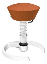 Moderner ergonomischer Hocker mit orangefarbenem Sitzpolster und weißem Federmechanismus, seitliche Perspektive
