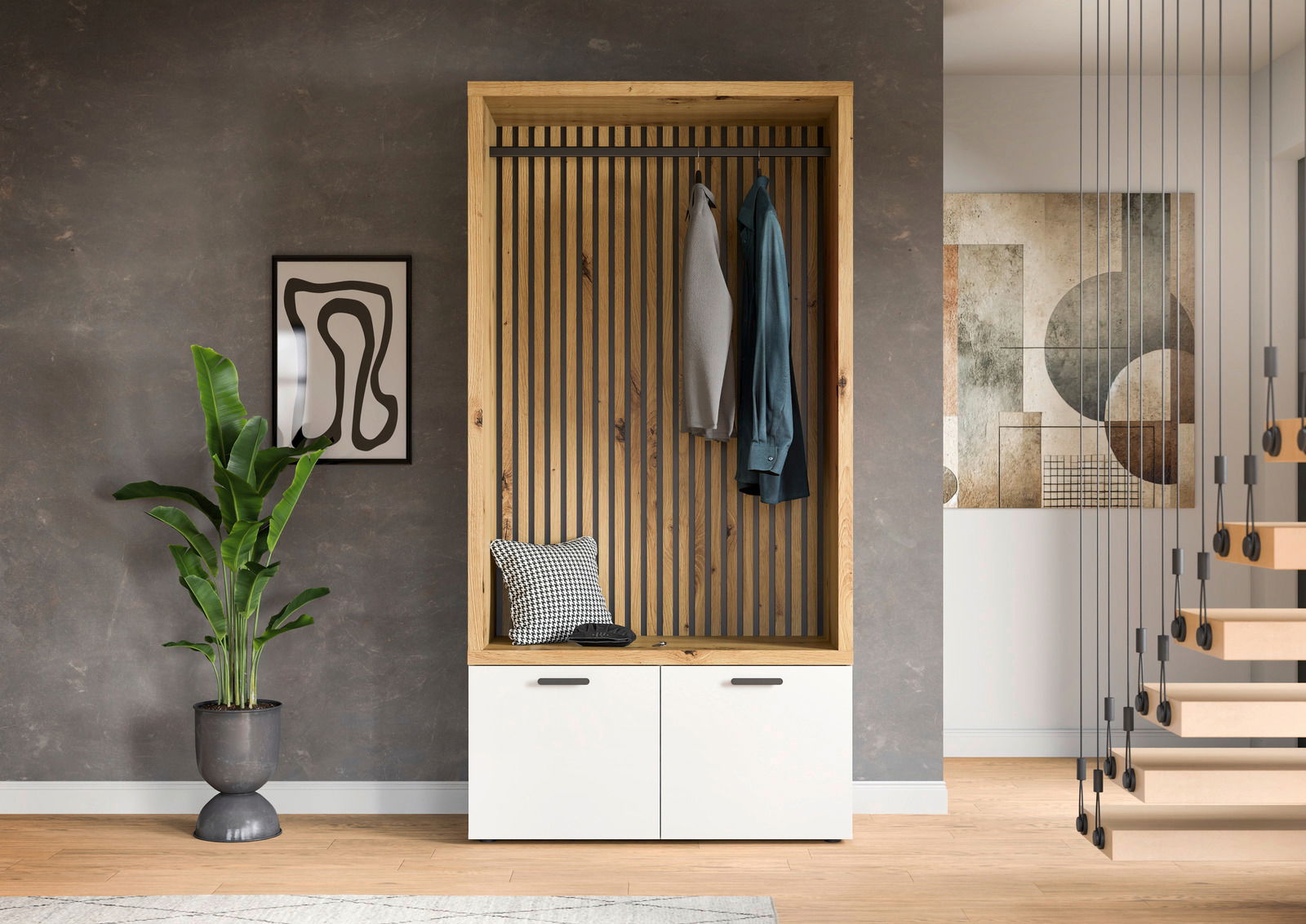 XORA Kompaktgarderobe HAMBURG Frontale Ansicht einer modernen Kompaktgarderobe mit Holzrahmen, vertikalen Streben und zwei weißen Schranktüren, dekoriert mit Kleidung und einem Kissen.