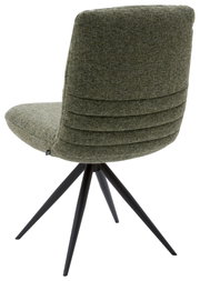 Achterkant van een moderne, groene stoel met een gestoffeerde rugleuning en zwarte metalen poten.