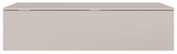 Minimalistische, rechteckige Aufbewahrungsbox in Beige/Grau mit flachem Deckel, frontale Ansicht mit leicht erhöhter Perspektive.