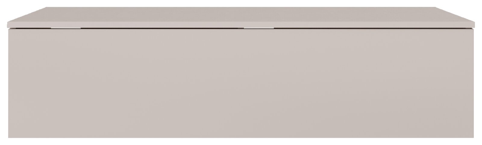 Minimalistische, rechteckige Aufbewahrungsbox in Beige/Grau mit flachem Deckel, frontale Ansicht mit leicht erhöhter Perspektive.