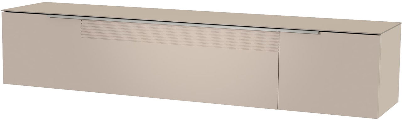 Beiges XL Hänge-Lowboard mit glatter Oberfläche und horizontalen Linien, seitliche Perspektive