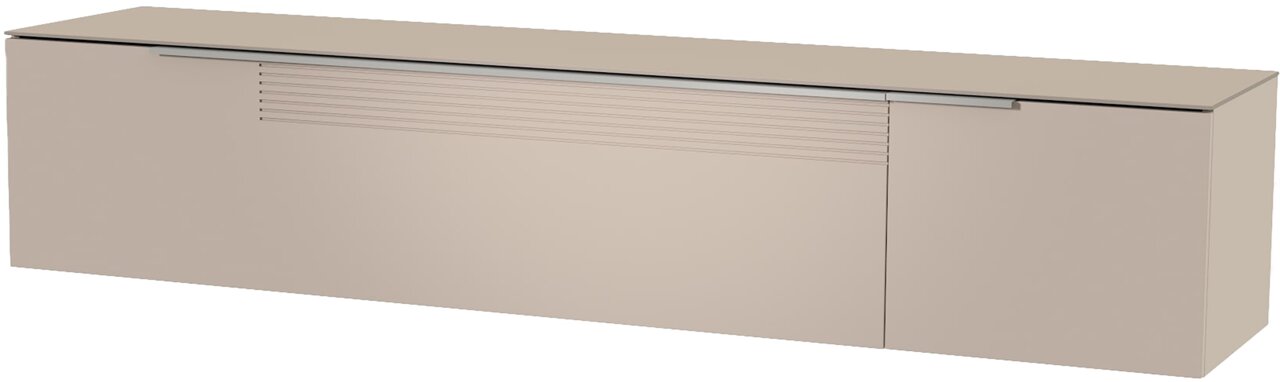 Beiges XL Hänge-Lowboard mit glatter Oberfläche und horizontalen Linien, seitliche Perspektive