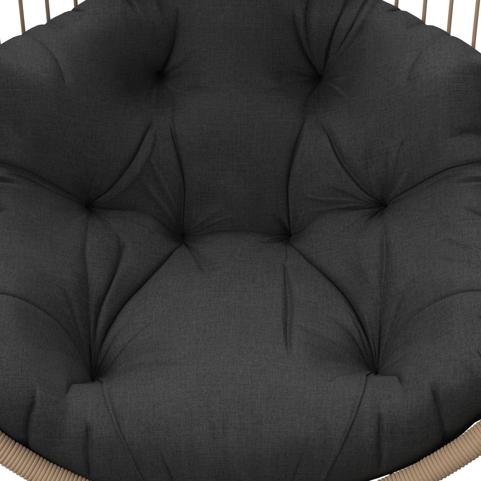 Nahaufnahme eines dunkelgrauen, gepolsterten Hängesessels mit sichtbaren Nähten und einem Teil des Rahmens.